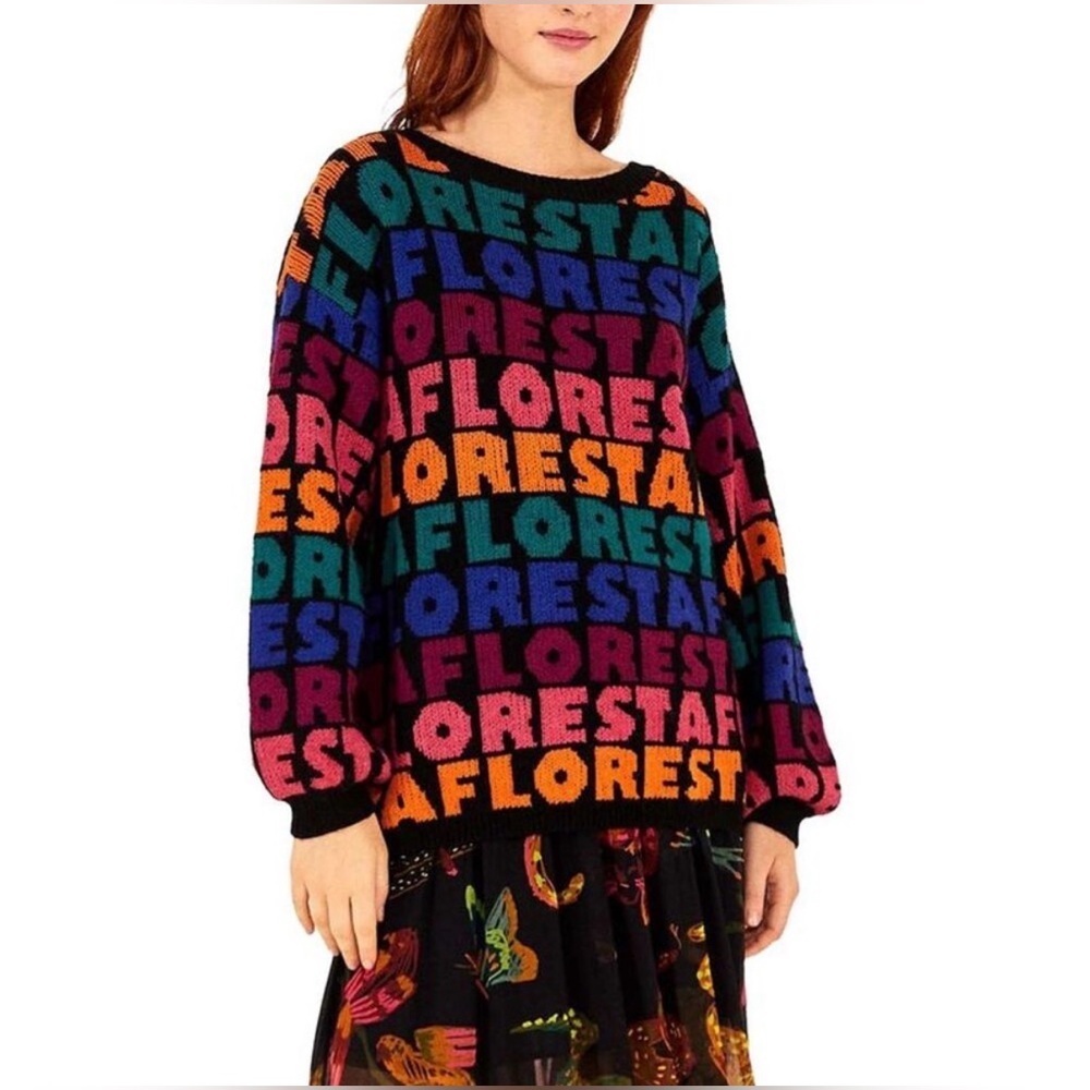 Farm Rio Floresta Wool Blend Sweater Black Multicolor Oversized Size S NWT